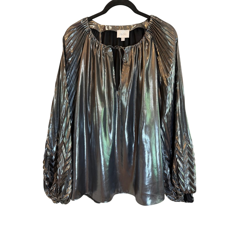 Jade Metallic Silver Pleated Balloon Sleeve Shimmer Blouse Keyhole Tie Top XL